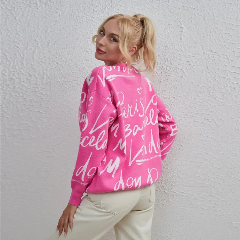 Letter Printed Pink Sweater For Women 2024 O-Neck Long Sleeve Knitted Sweatshirt Autumn Winter Pullover Jumper