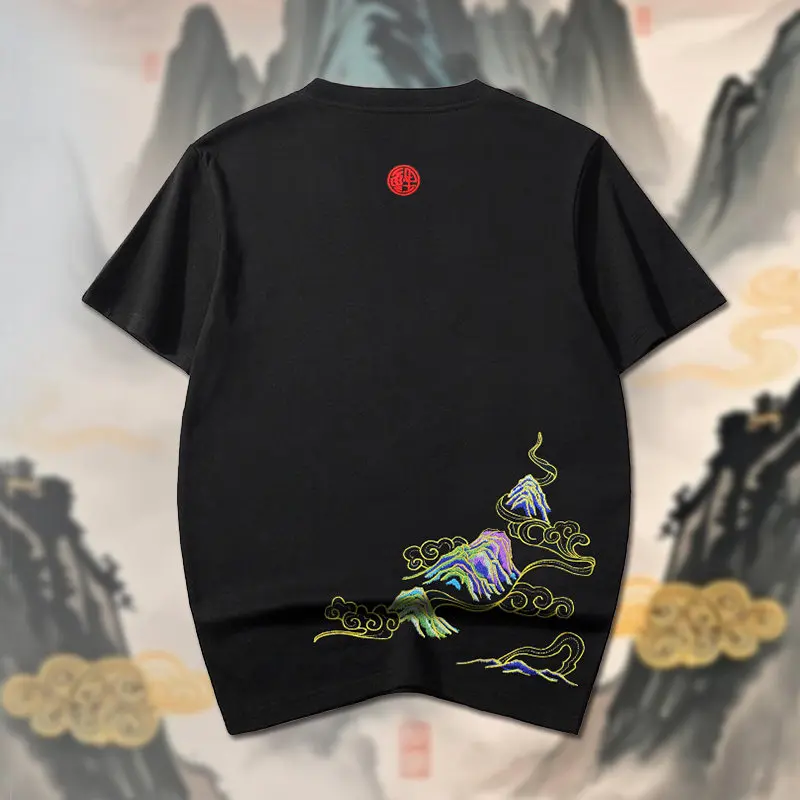 

Винтажная мужская футболка с вышивкой, повседневная, хлопковая, с коротким рукавом, в китайском стиле Харадзюку, свободного кроя, дизайнерская, летняя, унисекс