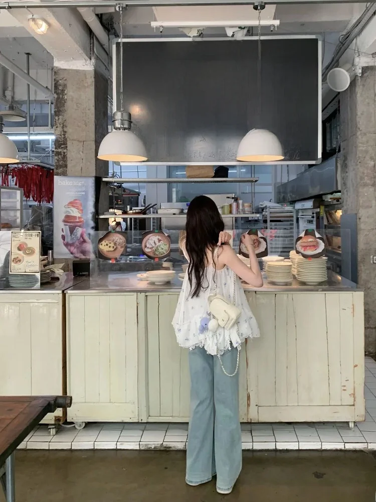 

Korean Sle Floral Print ter Top Summer Vaion Wind Lace Trim Travel irt Loose Fit Sweet Sle Knot Bs...