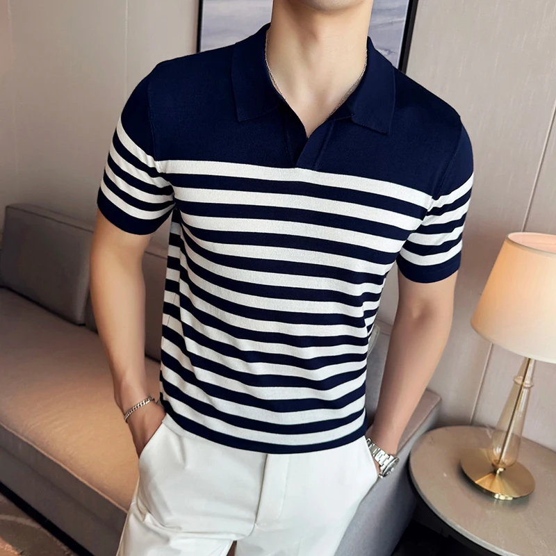 High elasticity Men Knitted Polo Shirt 2024 New Light Thin Casual lapel Short Sleeved Stripe T-shirt High-quality Men Clothing