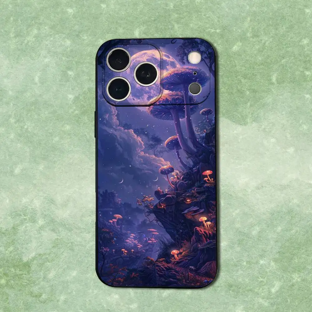 حافظة هاتف أرجوانية آرت تريبي فطر لهاتف آيفون 14,13,17,12,11,16,15,Plus,Pro Max,XS,X,XR,SE,Mini,Soft غطاء أسود من السيليكون #3