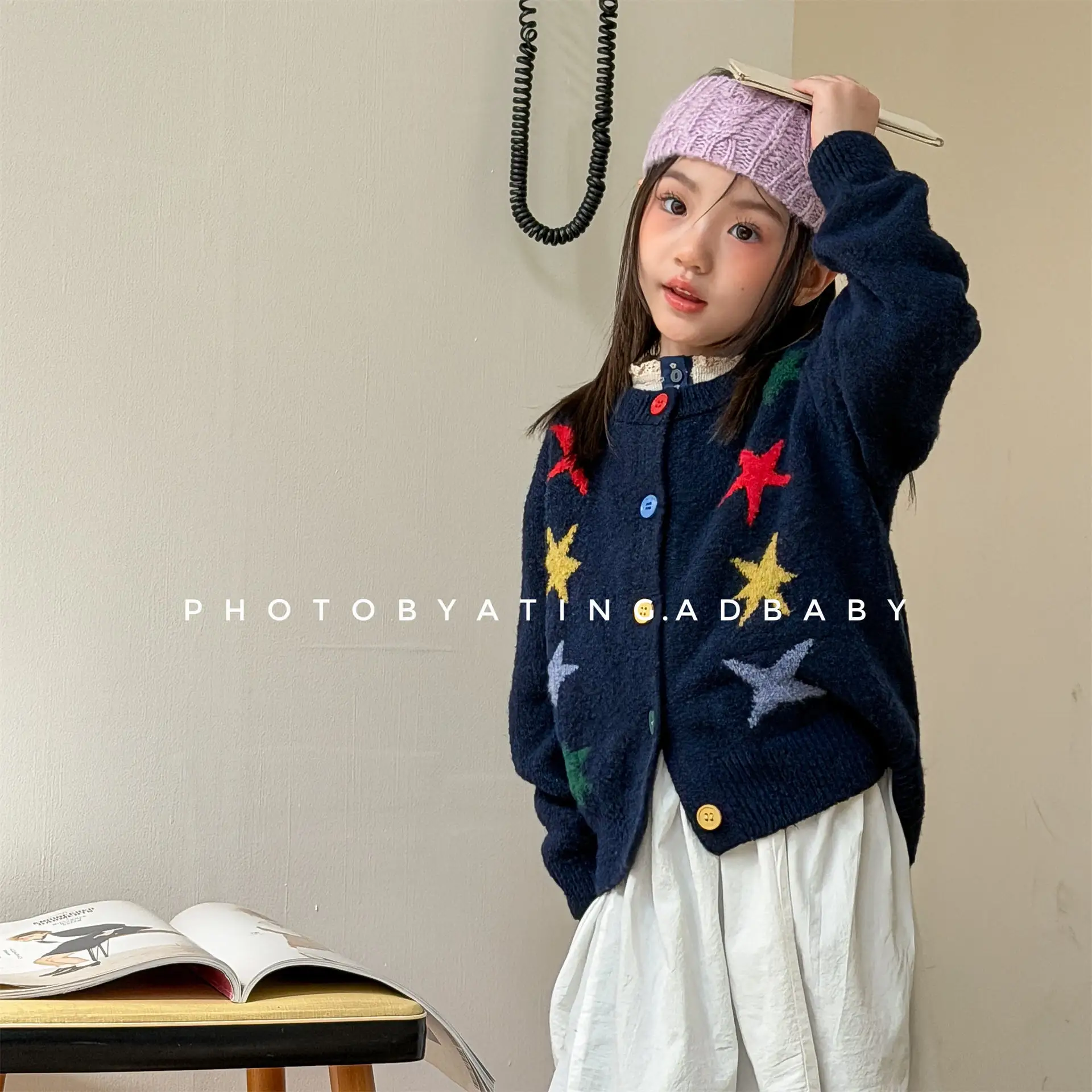 

Winter Kids Baby Girls Sweater Korean Colorful Star Jacquard Infant Girl Knitwear Coat Round Collar Toddler Babys Girls Cardigan