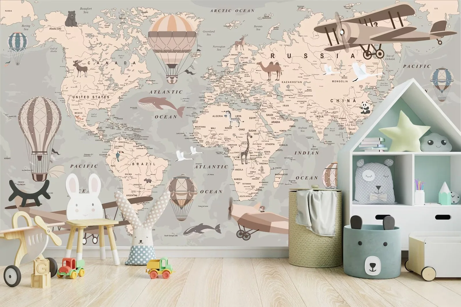 World Map Regular Wall Mural , Kids Map With Animal Map Wallpaper, Nursery Wall Art Wall Paper ,Traditional Un-paste Large Mural