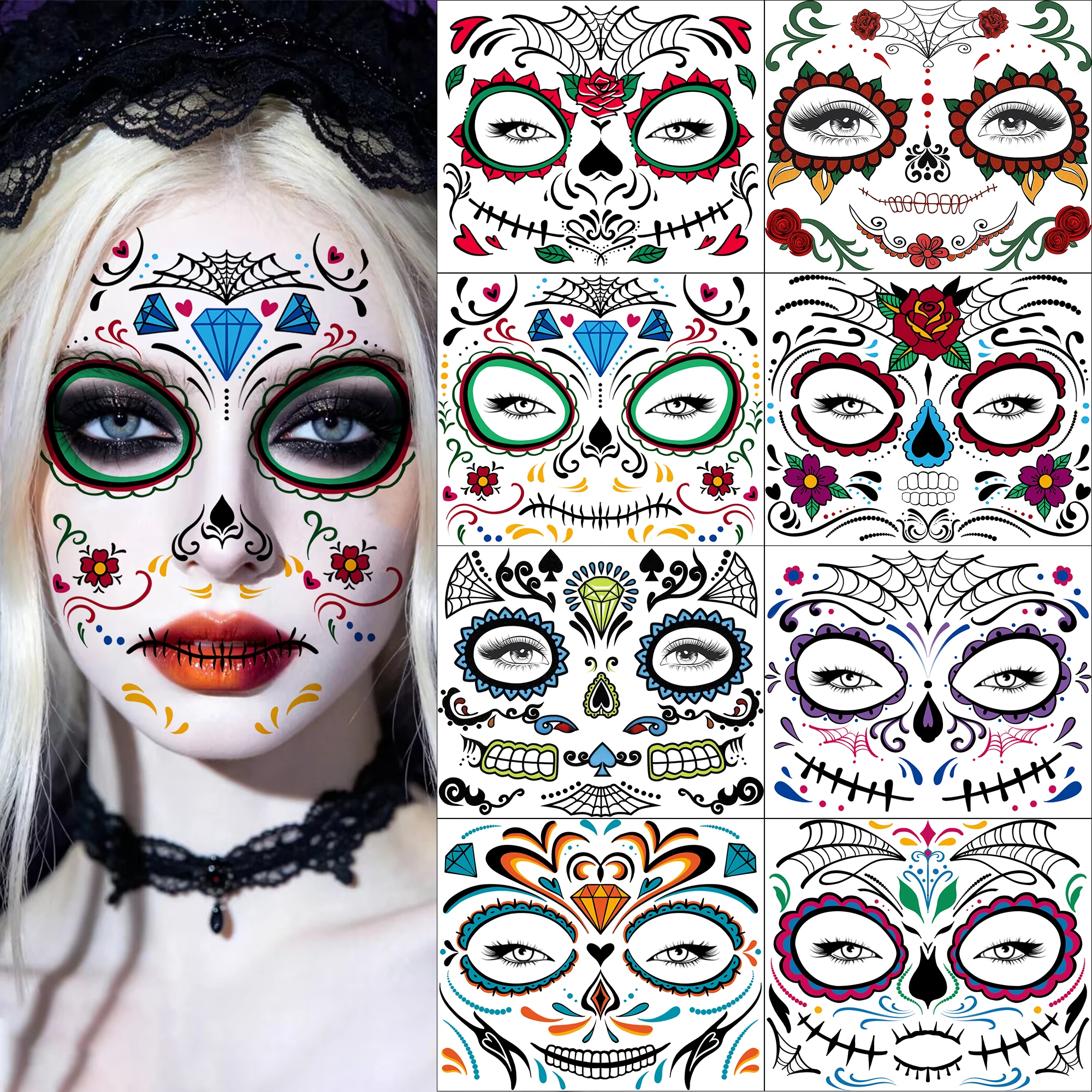 8 Sheets Halloween Mexico Floral Spiderweb Sugar Waterproof Day Of The Dead Temporary Tattoo Stickers, Long Lasting Fake Tattoos