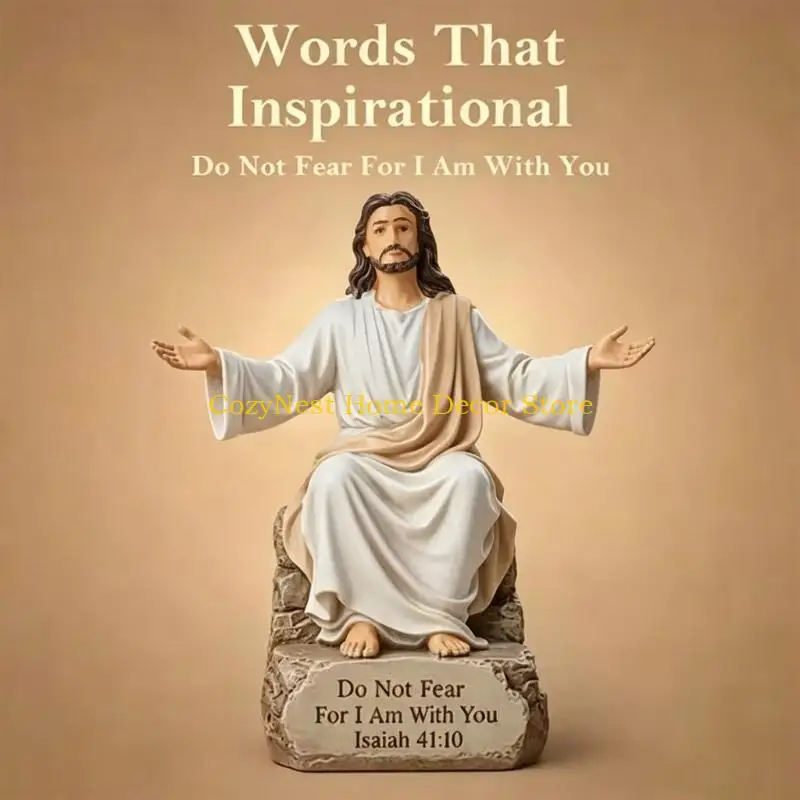 92MF Religious Resin Jesuses Open Arm Statue With Inspirational Bible Verses Base