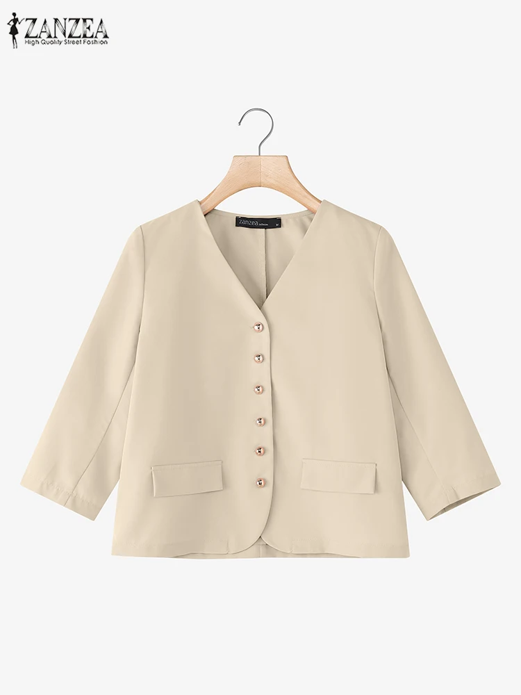 سترة نسائية أنيقة للخريف من ZANZEA خفيفة الوزن غير رسمية برقبة على شكل حرف v وأكمام ثلاثة أرباع وسترات مناسبة للتنقل ملابس مكتبية