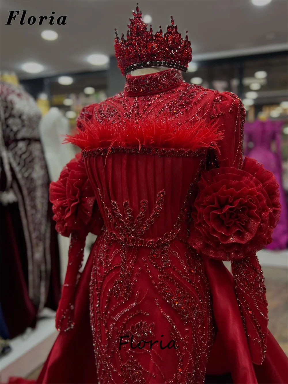 فساتين سهرة إسلامية عنابي برقبة عالية مع تدفق تنورة قابلة للانفصال مطرز بكريستال للحفلات الراقصة فساتين حفلات الزفاف حسب الطلب #3