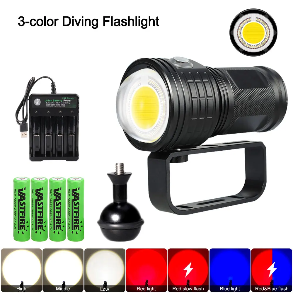 Multi-functional 3-color diving flashlight 80m underwater photography LED light IPX8 COB flashlight Underwater LED Diving light