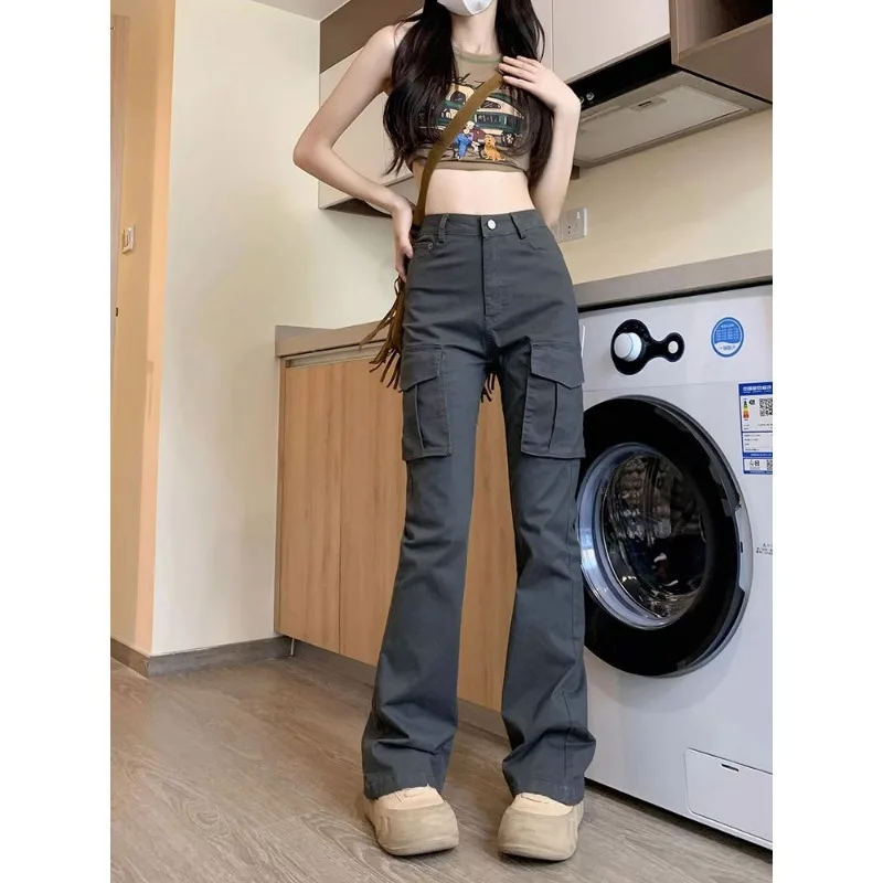 American Micro Speaker Overalls Women Spring and Autumn New High-waisted Slim Retro Spice Girl Drooping Horseshoe Pants Fashion