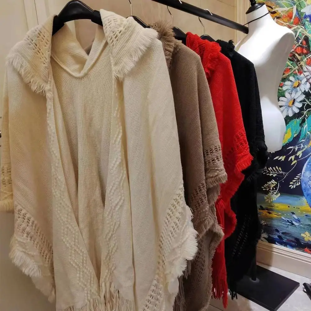 

Плащ для свадебной вечеринки, вязаная шаль с капюшоном, богемная зимняя теплая женская накидка с кисточками, косая полоска, шарф, пальто