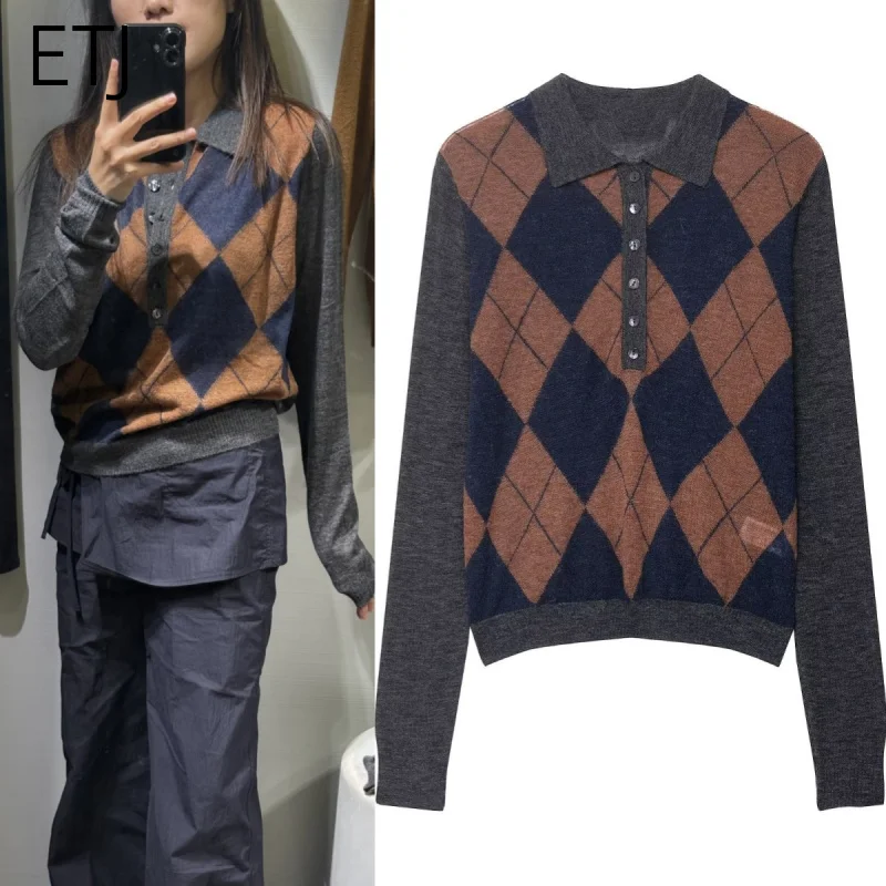 ETJ 2025 jesień nowa kolekcja odzieży damskiej, sweter z długim rękawem, cienki, dzianinowy, z kołnierzykiem polo, zdobiony diamentowym wzorem i przeszyciami.