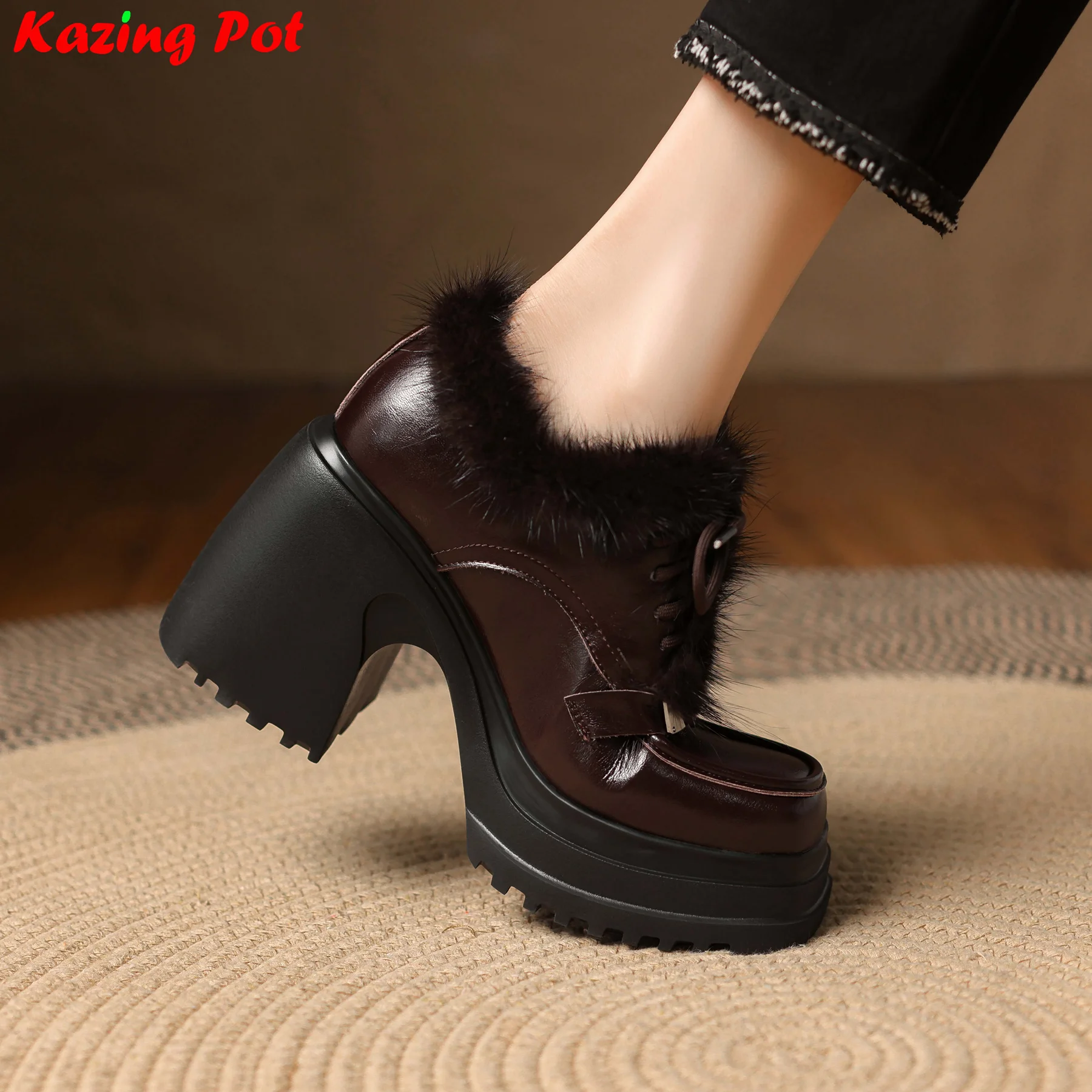 

Krazing Pot Cold-resistant Fur Cow Leather High Heels Modern Boots Winter Shoes Luxury Metal Casual Comfort Women Ankle Boots