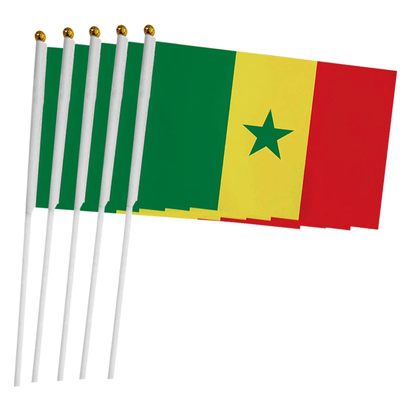 xvggdg  100pcs 14 * 21cm National Flag  Senegal  hand  flags  with plastic flagpole Polyester Printing flag