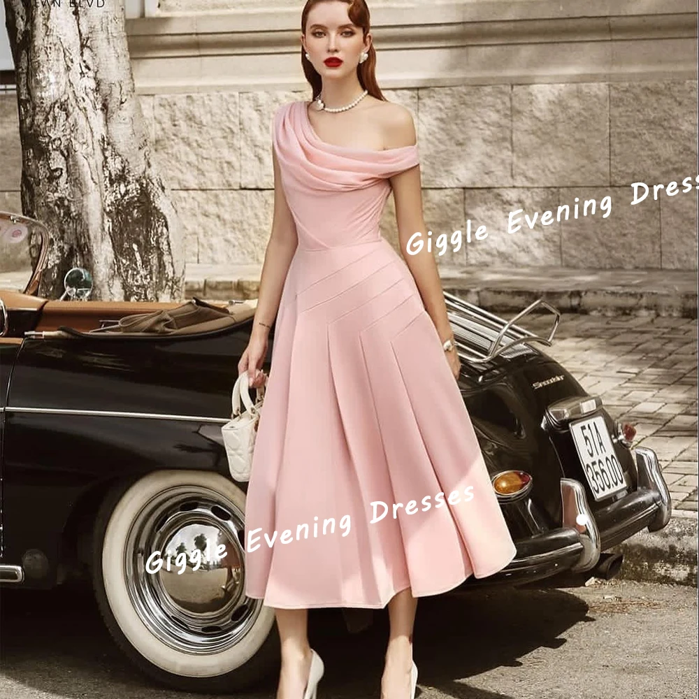 

Giggle Chiffon One-Shoulder Summer Elegance Prom Gown Saudi Arab Ruched Fashion Tea-Length Evening Party Dresses for Women 2024