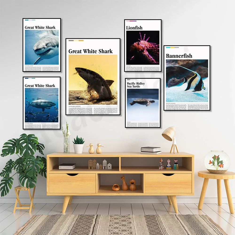 Sea life poster, swordfish, great white shark, bull shark, lion fish, Pacific Ridley sea turtle, tiger shark, sea wall art