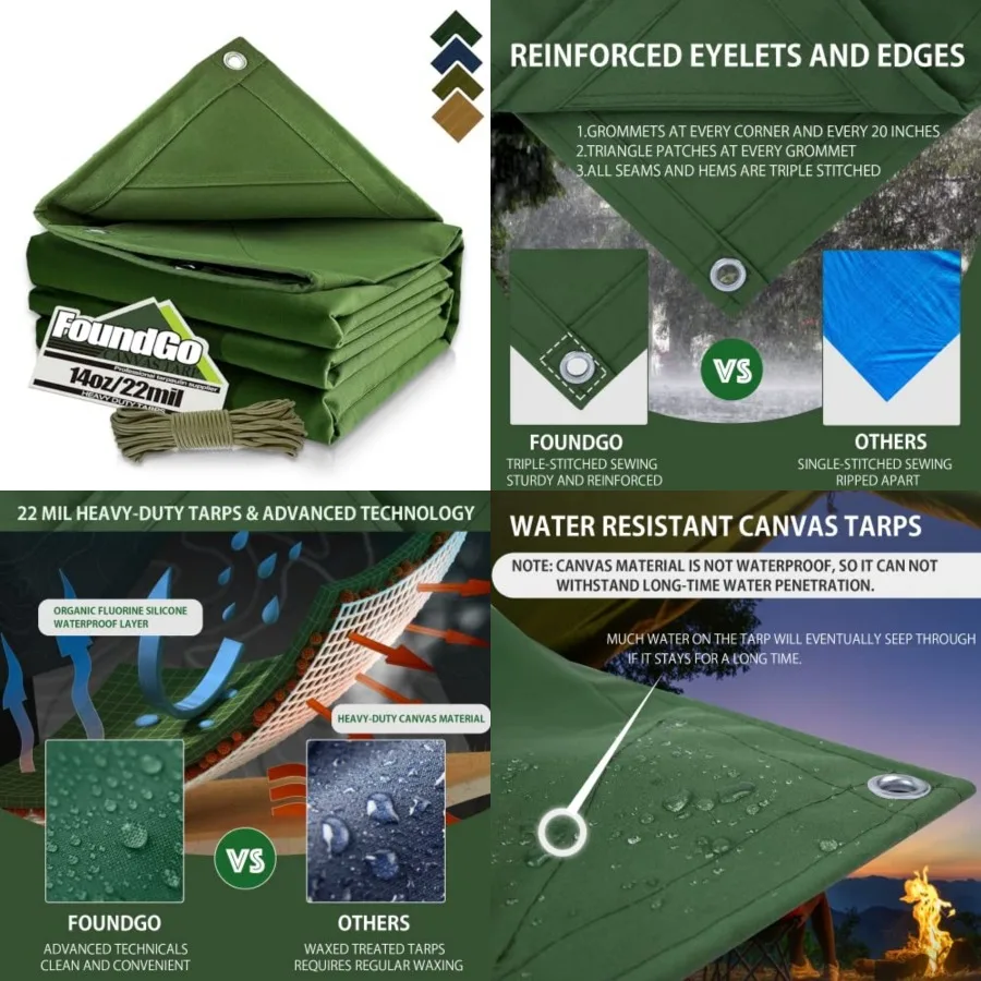 

Canvas Tarp 10x12ft Heavy Duty Waterresistant Tarps with Grommets, UV Resistant, 22 Mil Tarpaulin, 14 oz Durable Cloth Covers f