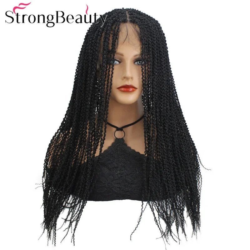 StrongBeauty 26Inch Synthetic Box Braided Wig #1B Black Lace Front Three Strands Braids Wig Handmade African Braids Wigs