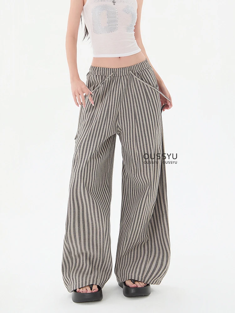 Summer Luxury Linen Fabric Stripe Casual Pants Women Loose Wide Leg Floor Pant Female Fashion Trend Cozy Trousers Girl XS-XXL