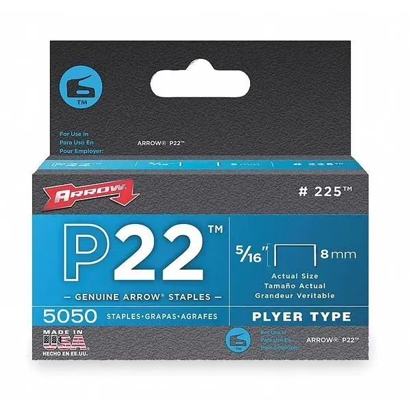 

Light Duty Staples, P22, 24 ga, Flat Crown, 5/16 in Leg L, Steel, 5000 PK