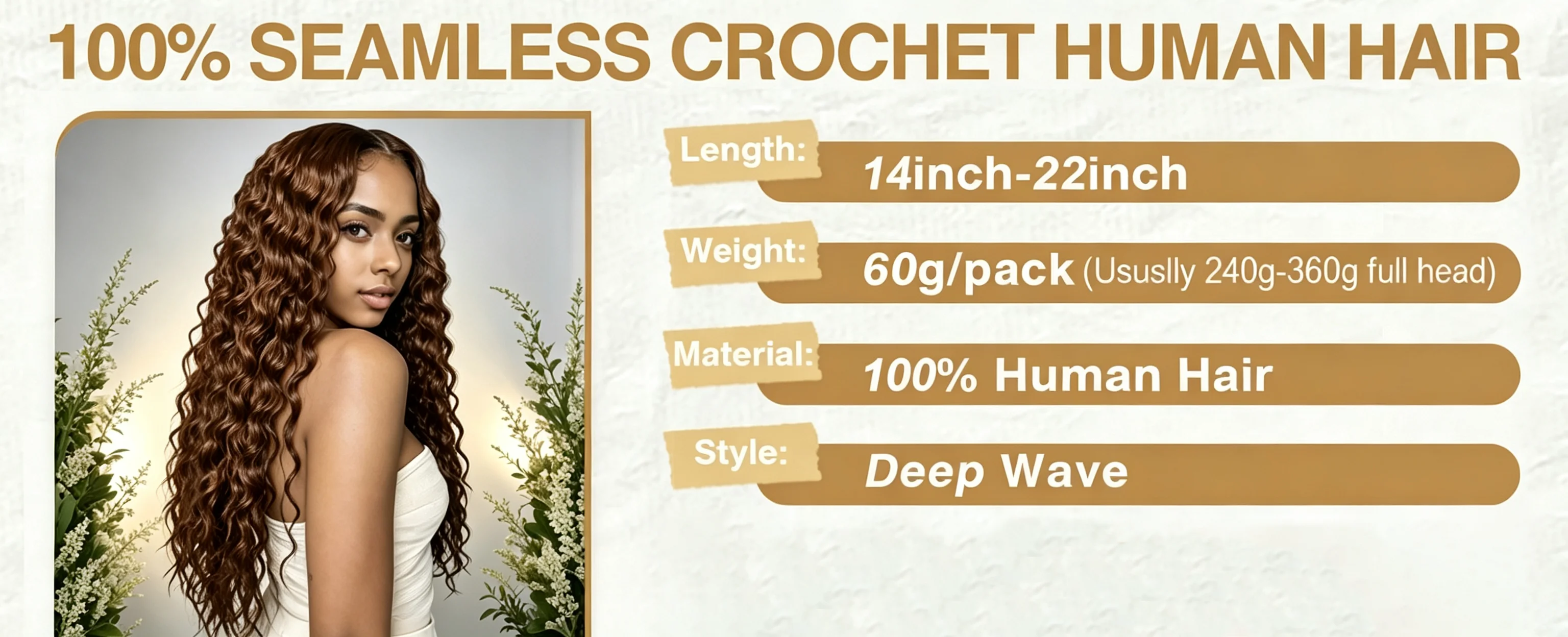 Chocolate Brown Deep Wave Human Hair Extensions Boho Braided Pre-Looped Curly Feather Crochet Hair with Miracle Knots Spiral Curly Hair for Braids