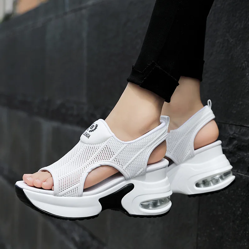 Retro Black Mesh Platform Sandals Korean Peep Toe Hollow Wedges Heighten Shoes 8cm Summer New Non-Slip Air Cushion Tennis Shoes