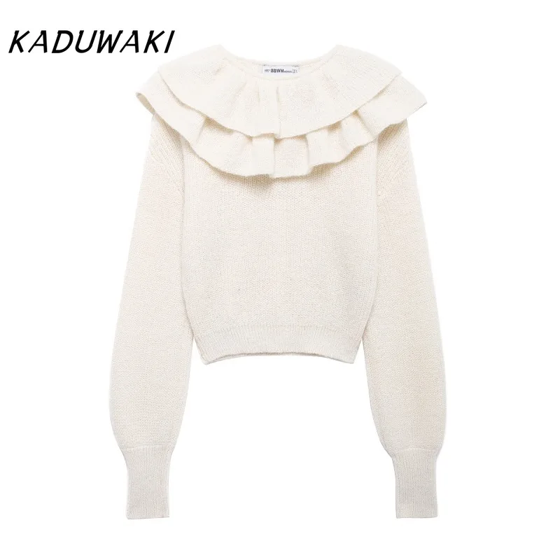 KADUWAK Japanese Classic Fall Ruffled Collar Long-sleeved Pullover Fashion Versatile Waisted Simple Style Jumpers Свитер Женский