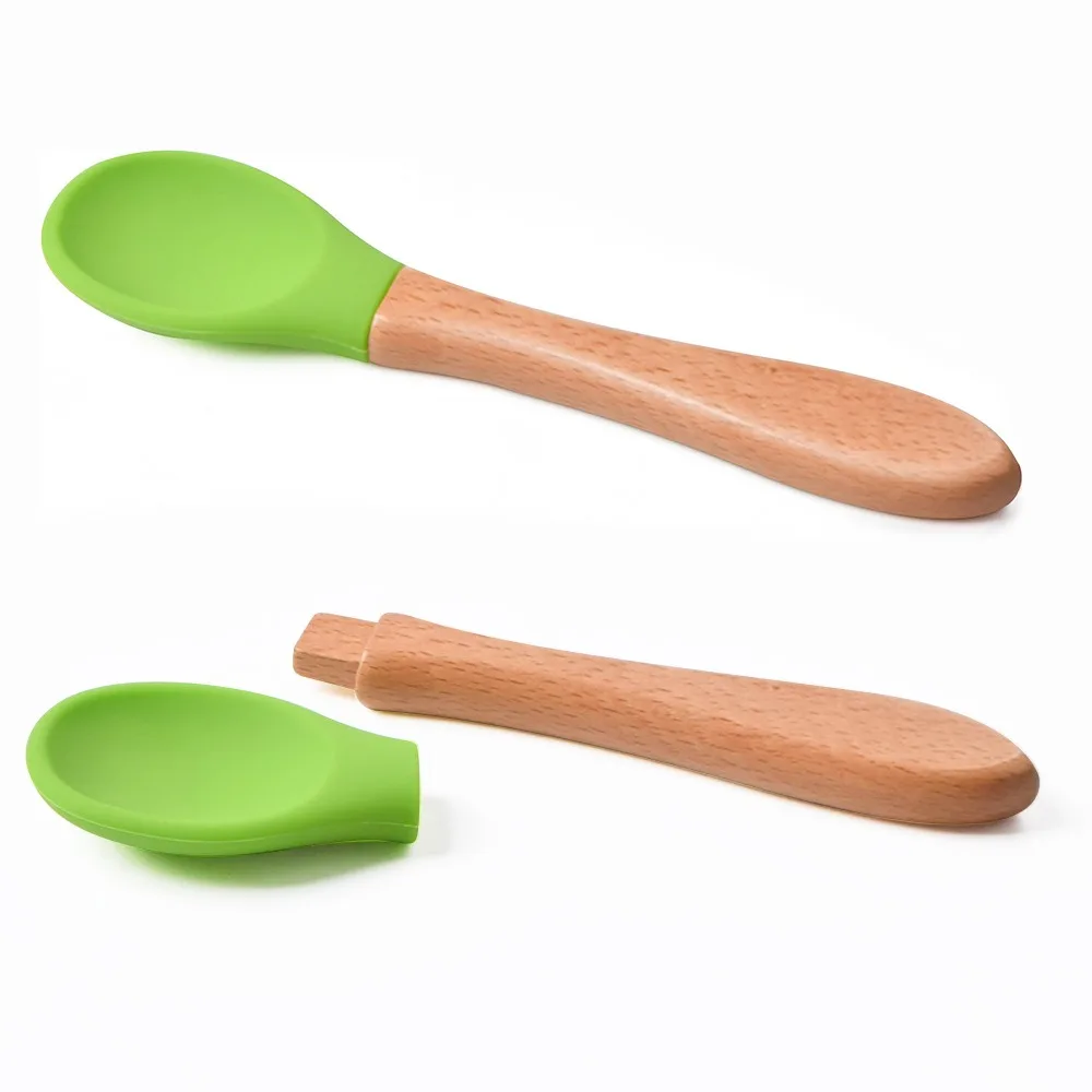 Baby Feeding Spoon Silicon Baby Spoon Utensils Silicone Wooden Baby Spoon Bamboo Baby Spoons Silicone Kids Tableware Baby Items