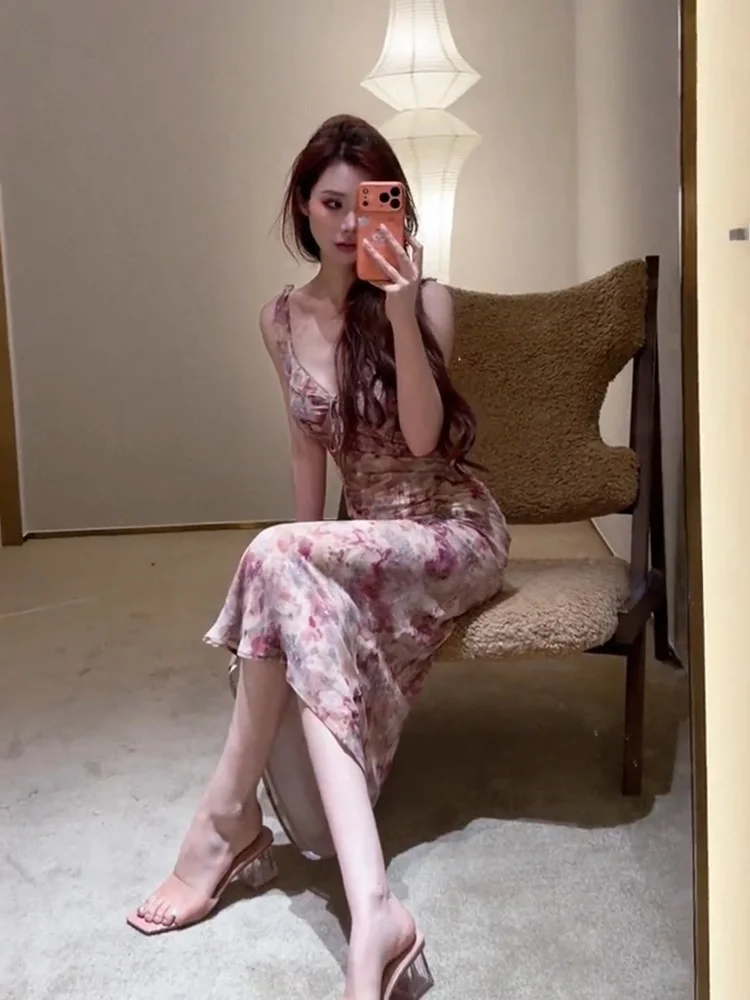

Romantic Floral Print Slim Fit V-Neck Summer Long Dress Women's Strapless Gown Elegant Atmosphere Casual Everyday Wear