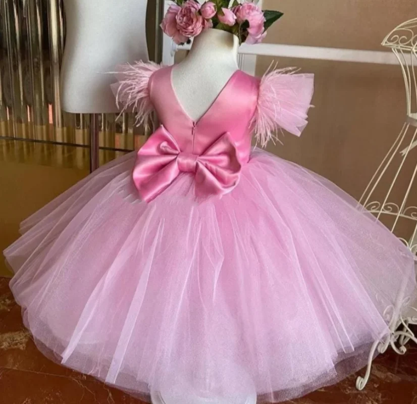 New Custom Pink Flower Girl Dress Scoop Neck Short Puff Sleeve Princess Birthday Gown Prom Pageant Dresses