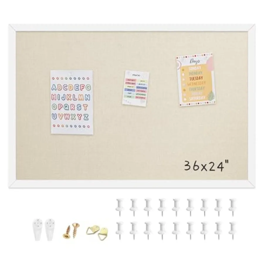 

24x36 Inch Cork Board for Wall Hanging with Linen, Bulletin Board with Push Pins, Mounted Memo Message Board for Home Office De