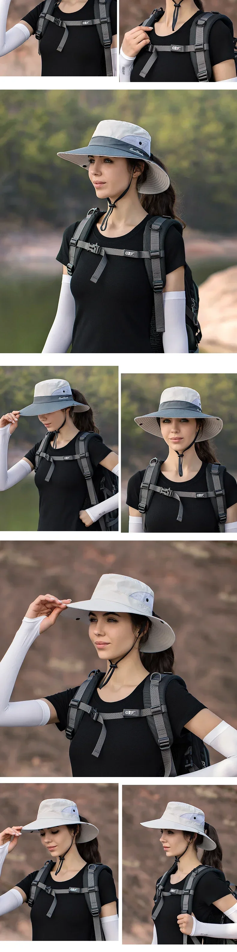 Damen Pferdeschwanz-Fischerhut Wasserdichter Sonnenhut Einfarbig Outdoor Reise Angeln Klettern Wandern Breiter Krempe Bucket Hat – Detail 12