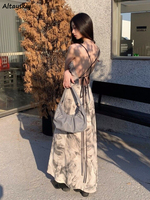 Backless Long Dress Women Bandage Summer Vacation Sexy Slim Tie Dye Vintage Spaghetti Strap Graceful Designed Chinese Style OOTD