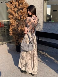 Backless Long Dress Women Bandage Summer Vacation Sexy Slim Tie Dye Vintage Spaghetti Strap Graceful Designed Chinese Style OOTD