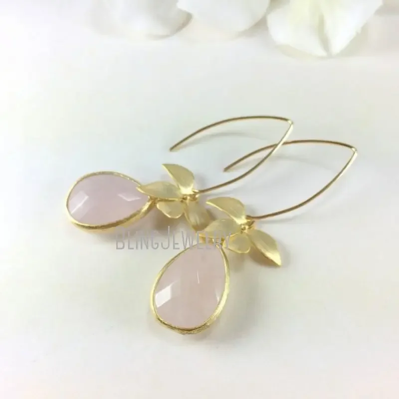 10pair Stainless Steel Orchid Flower Pink Rose Quartz Dangle Indian Earring Women Boho Korean Statement Bridal Jewelry Luxury