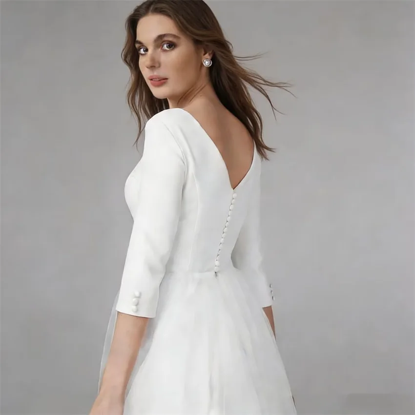 Customized Boho Simple Satin Midi Wedding Dresses for Bride Tea Length 3/4 Sleeves Short Bridal Gowns A Line Vestido De Noiva image 4