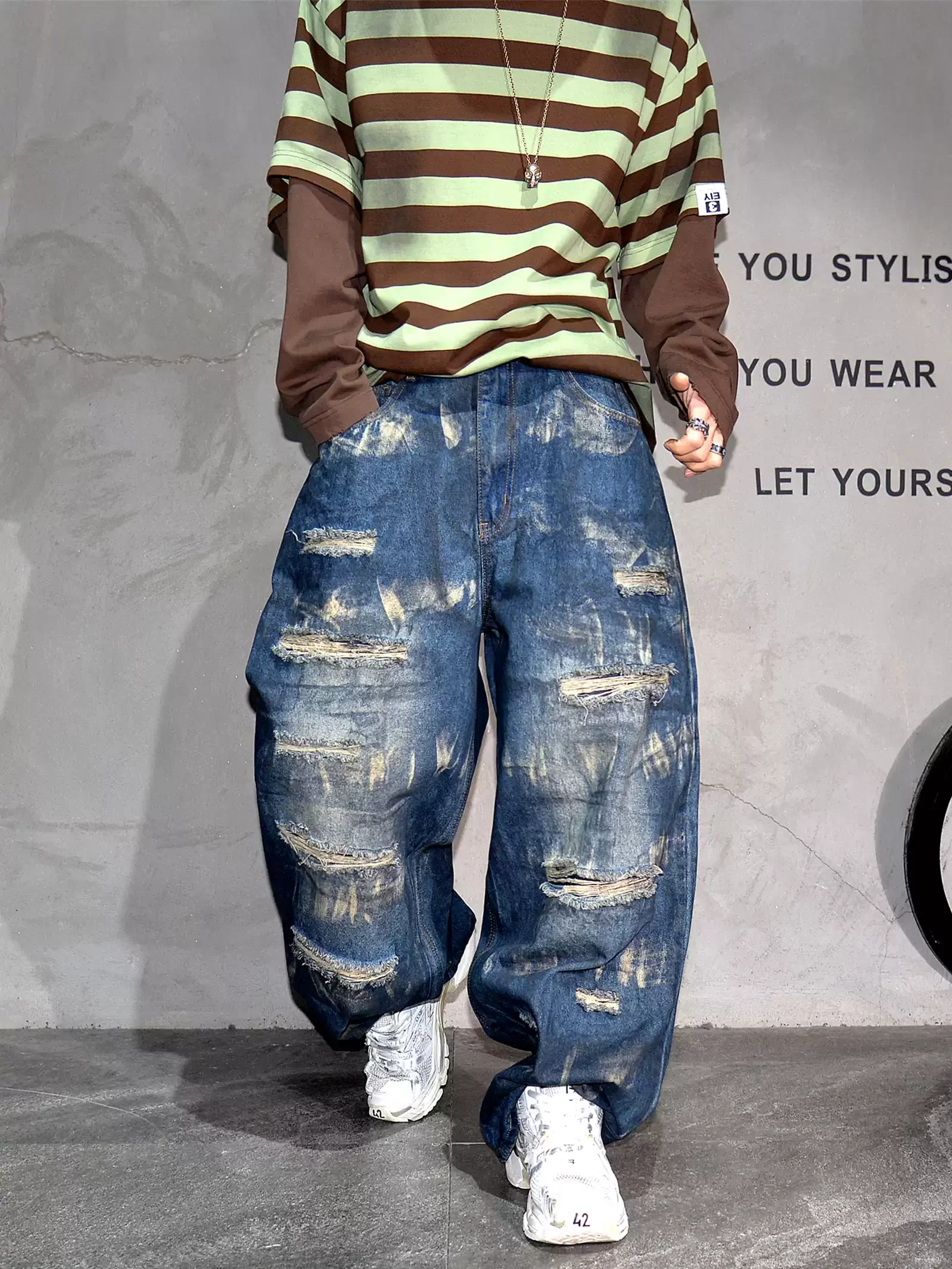 Mens American Hip Hop Ripped Baggy Wide Leg Straight Jeans Blue Washed Distressed Stacked Streetwear Trendy Denim Pants Male