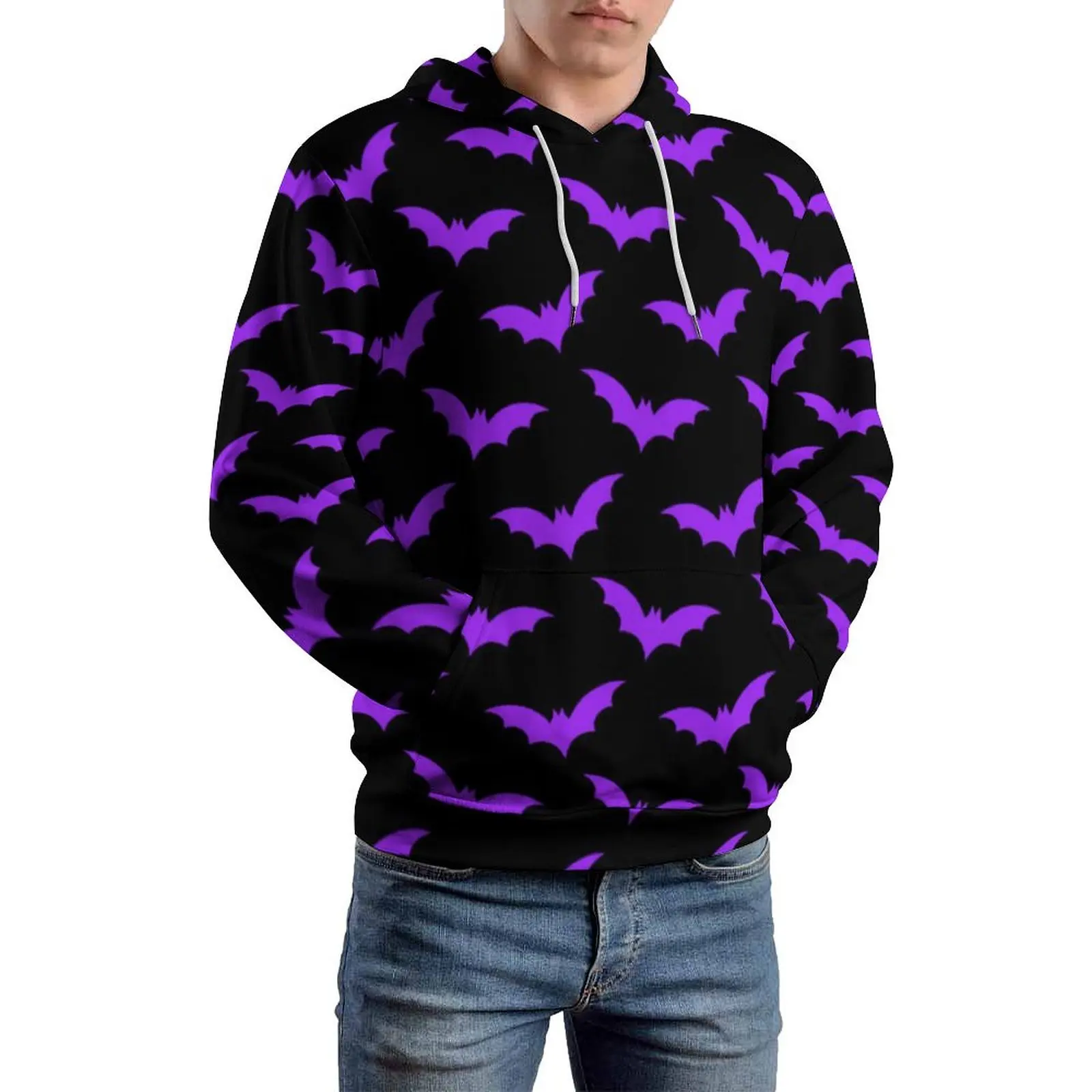 Purple Bats Print Casual Hoodies Black Halloween Loose Pullover Hoodie Unisex Long Sleeve Y2k Graphic Tops Plus Size