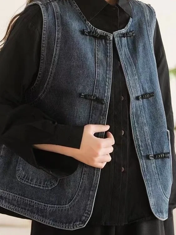 Rétro Sle boutonné Denim gilet femmes ort Jaet printemps superposition petite taille nouveau chinois Sle oulder Pad gilet