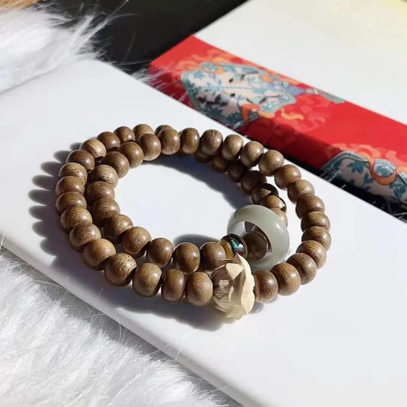 Natural Incense Wood Double-circle Bracelet Female Old-style Pearl Text Play Jewelry Boxwood Lotus Bodhi Root Running Ring