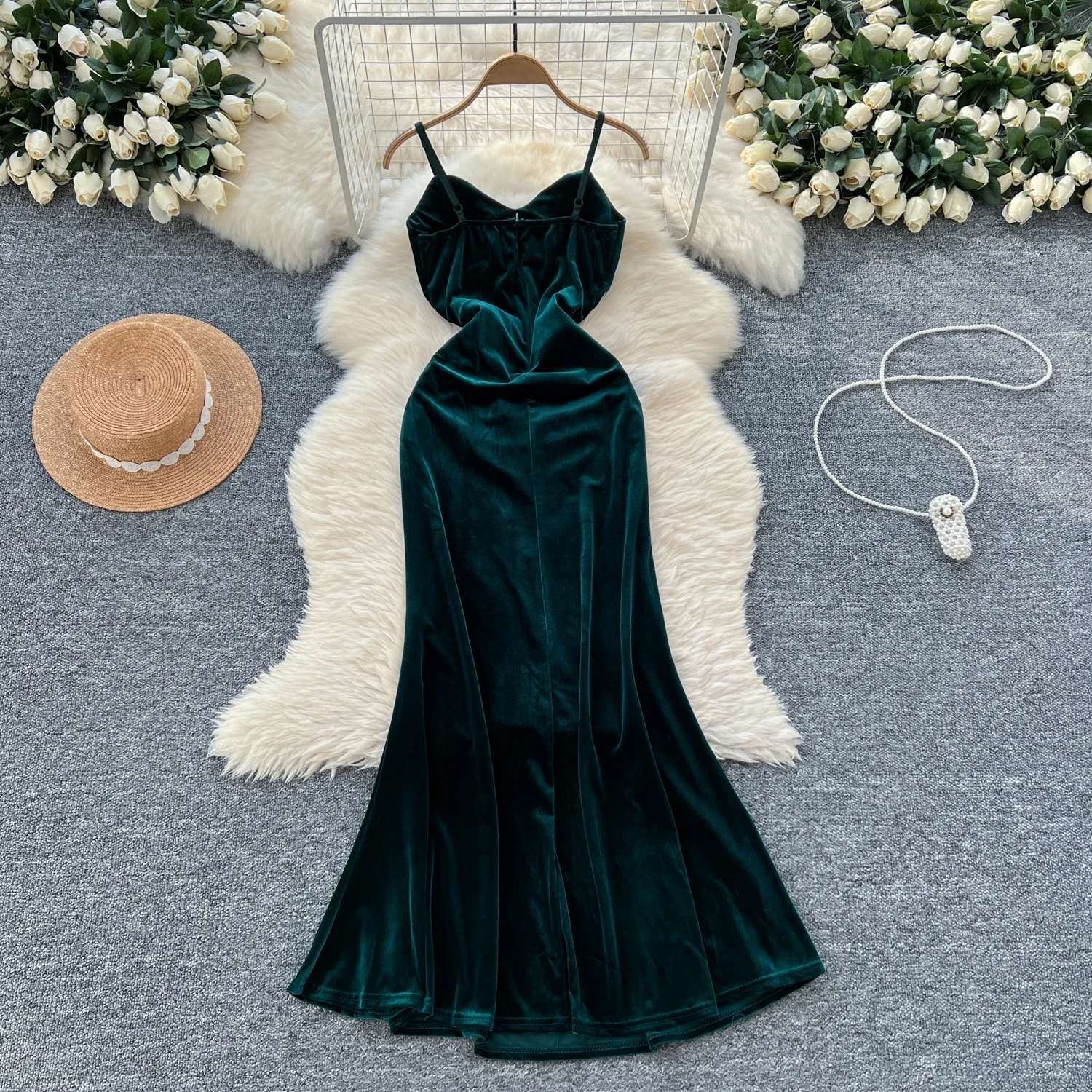 Elegant Rhinestone Vintage Sleeveless Chic Split Slim Velvet Straps Dresses French Fashion Evening High Street Summer Clothing