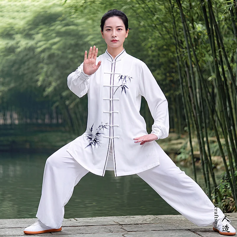 Fashion White Tai Chi Suit Hand Painted Bamboo Elastic Cotton Women Middle Aged Team Performance Outfit Chinese Style Drape