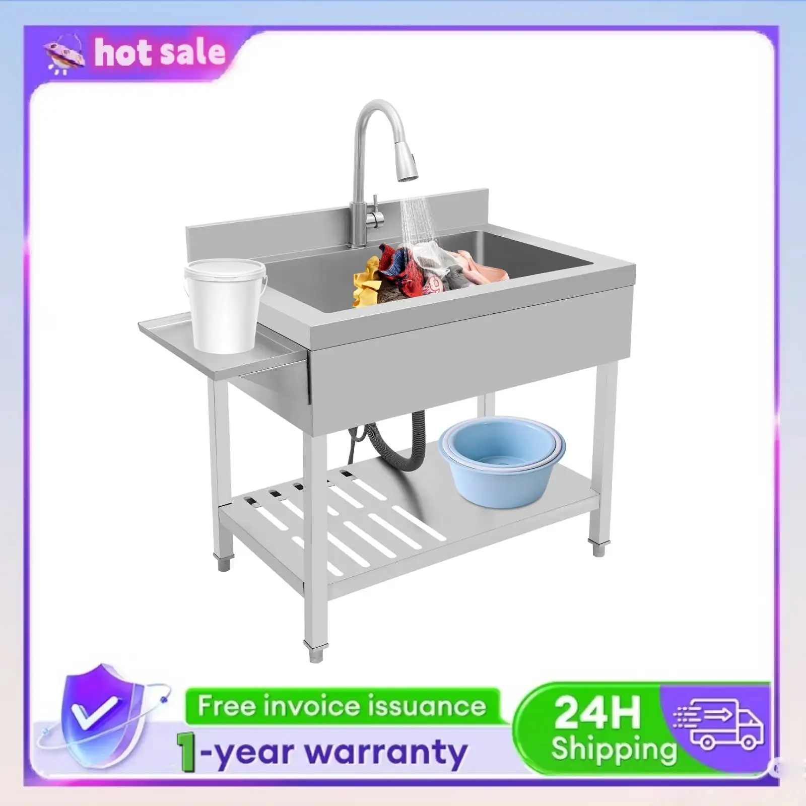 

Single Bowl Kitchen Sink with Pull-Out Faucet 150kg Load Stainless Steel Sink Adjustable Leveling Feet Optimized Basin Design