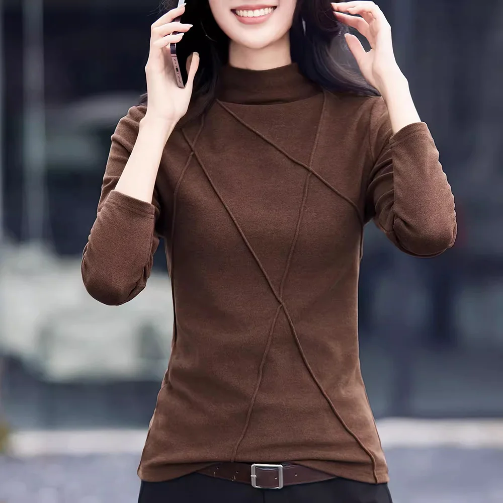 

New Women Winter Basic Bottoming T-shirt Fashion Half High Collar Long Sleeve Slim Waist T-shirt Simplicity Casual Warm Tees