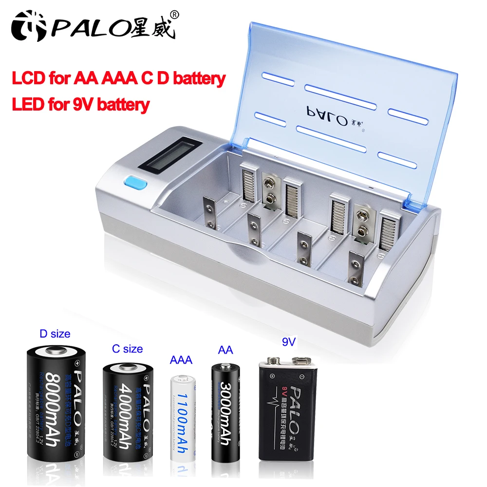 PALO New Rechargeable LCD Display Smart Screen Battery Charger For 1.2v Ni-MH NI-CD AA/AAA/C/D/9V Size Batteries