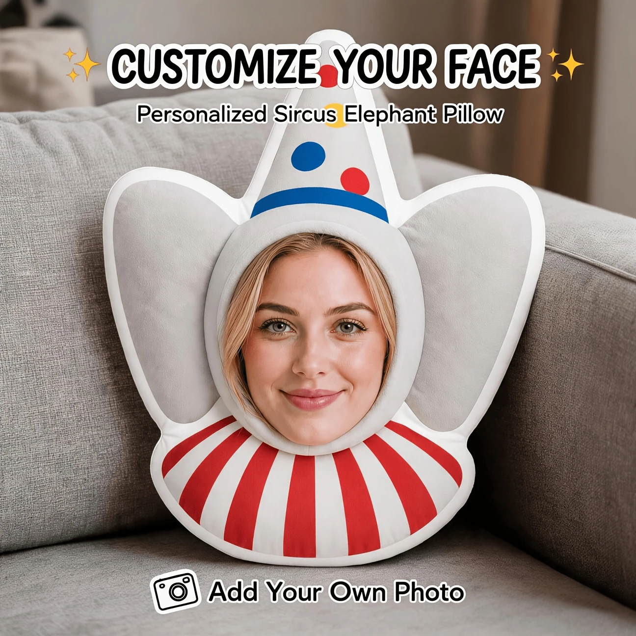 Custom Personalized Photo Face Pillow, Funny Clown Hat & Ears Custom Shaped Decorative Cushion, Unique Home Decor Accent for Sof