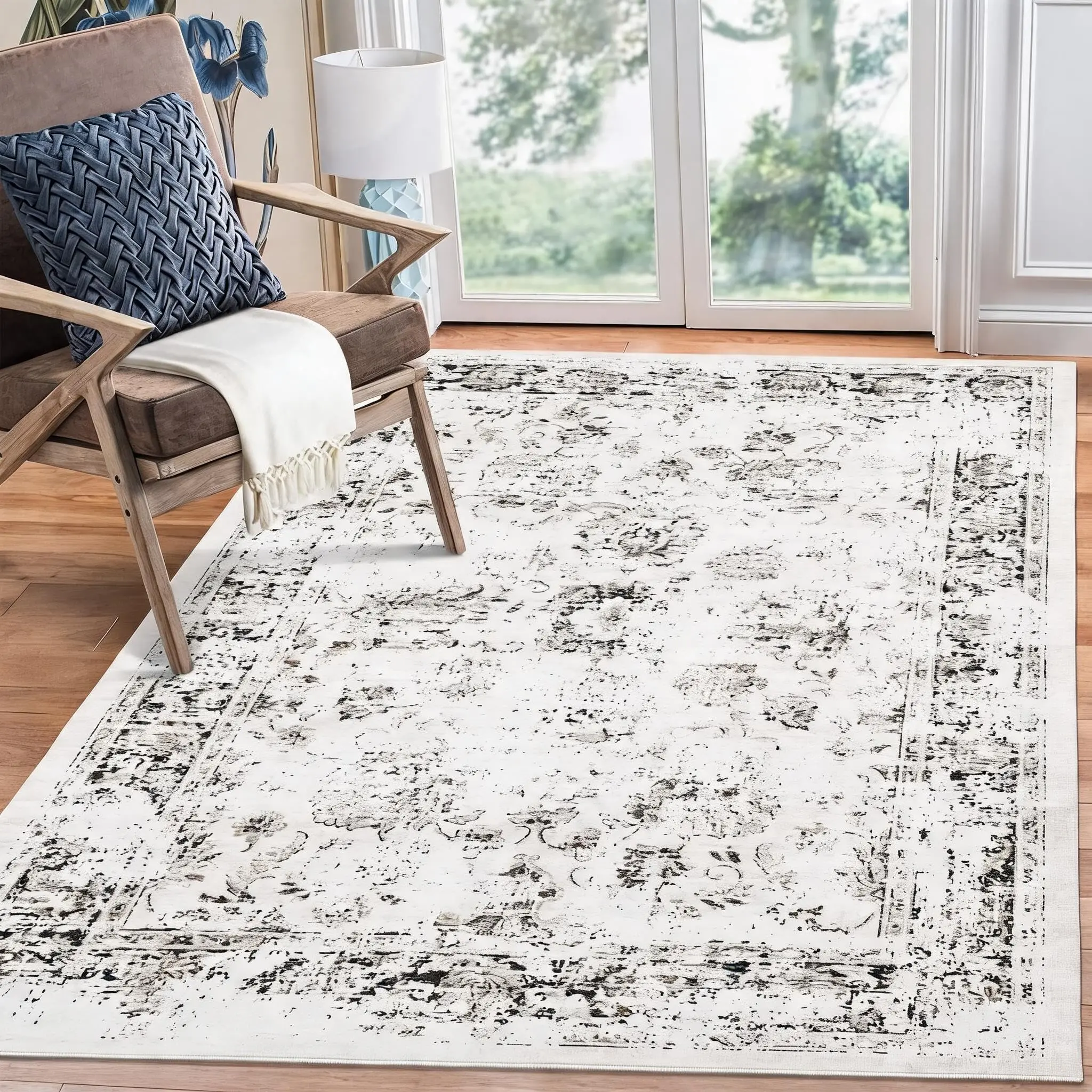 Tappeto lavabile con motivo floreale vintage, dimensioni 160 x 230 cm, con fondo antiscivolo, morbido, a pelo corto, pieghevole, ideale per camera da letto, soggiorno, cucina, ingresso, ufficio,