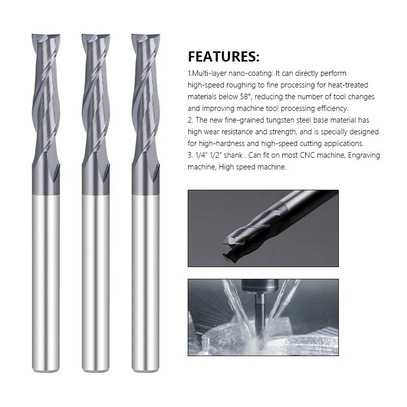 CMCP  Two Flutes Square Nose End Mill Carbide Upcut CNC Router Bits TiALN Coated, 1/4 inch 1/2 inch Shank Milling Cutter