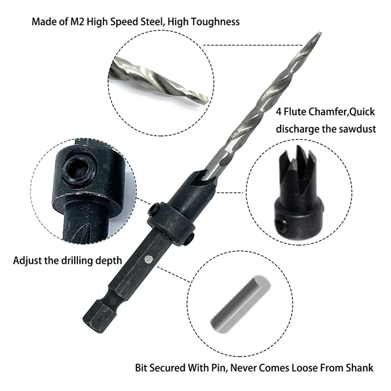 Set Mata Bor ซิงค์ไม้5ชิ้นพร้อมตัวจมเคาน์เตอร์2ชิ้นสำหรับเปลี่ยนหัวสว่านแบบเรียวสำหรับเจาะรูนำร่อง