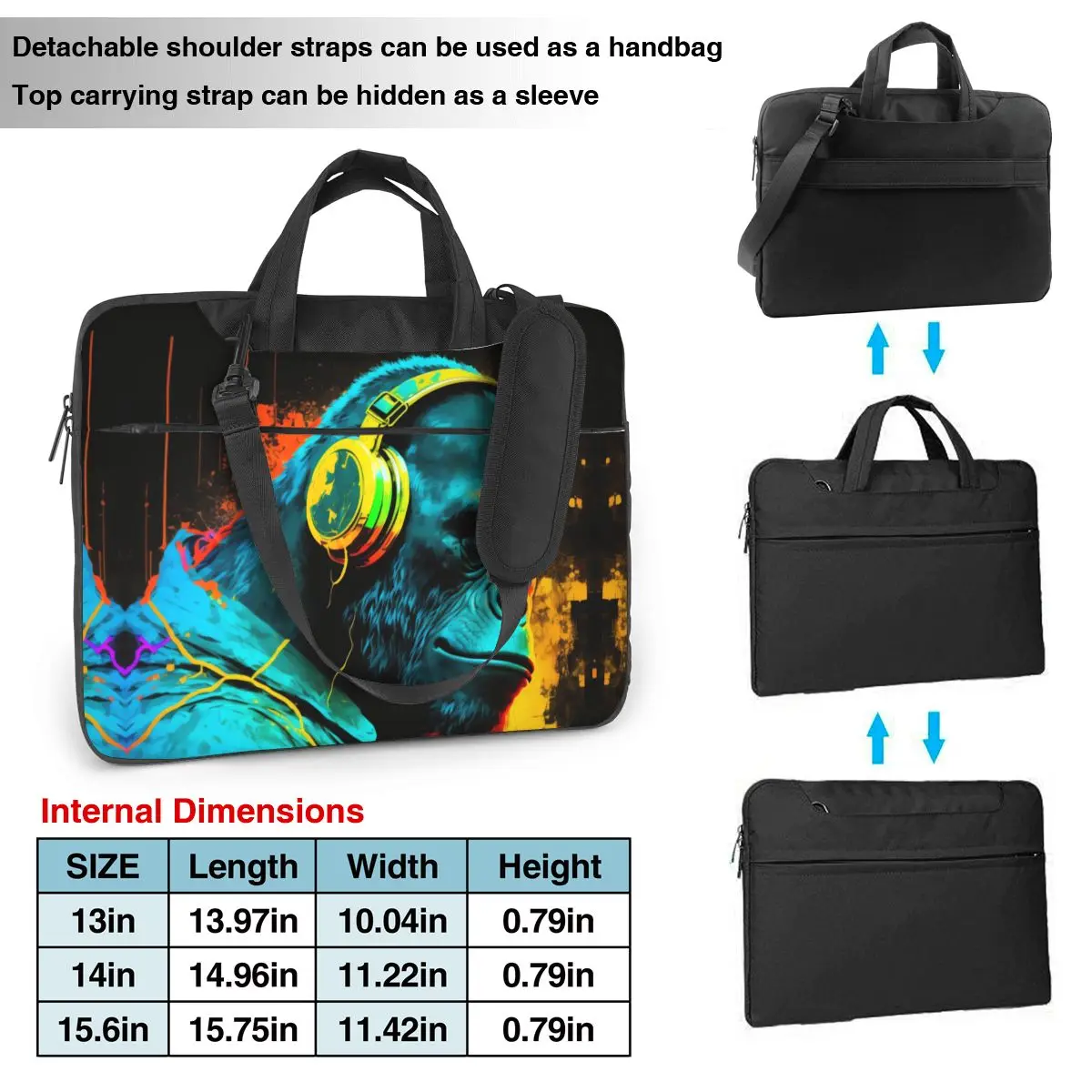 Laptop Bag Gorilla Wearing Headphones Briefcase Bag Hip Hop Portable 13 14 15 Funny Computer Bag For Macbook Air Pro Asus