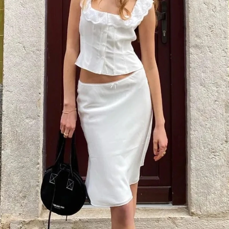 DEEPTOWN White Satin Long Skirt Women vintage elegant Low Waist A-line Slim Silk sexy Y2k Midi Skirt Summer Party Skirts